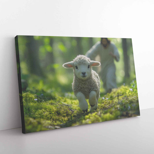 The Joyful Pursuit Jesus Running to Rescue the Wandering Lamb   Christian Canvas Wall Art Decor