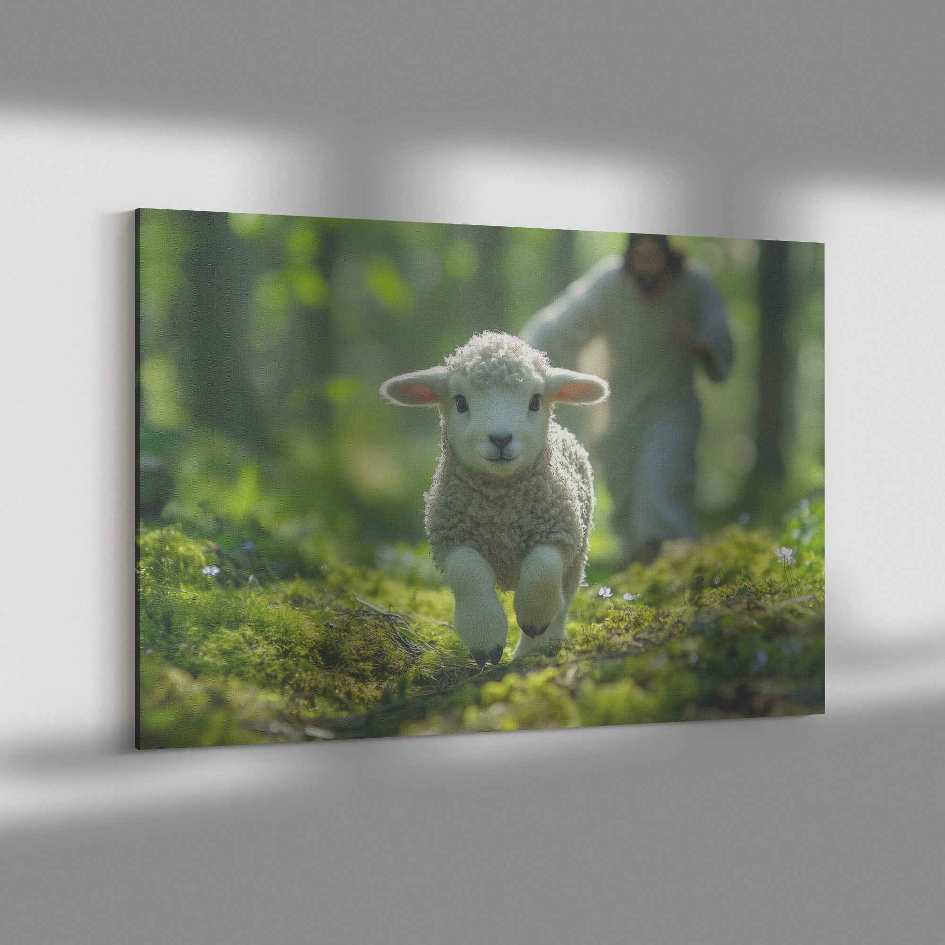 The Joyful Pursuit Jesus Running to Rescue the Wandering Lamb   Christian Canvas Wall Art Decor