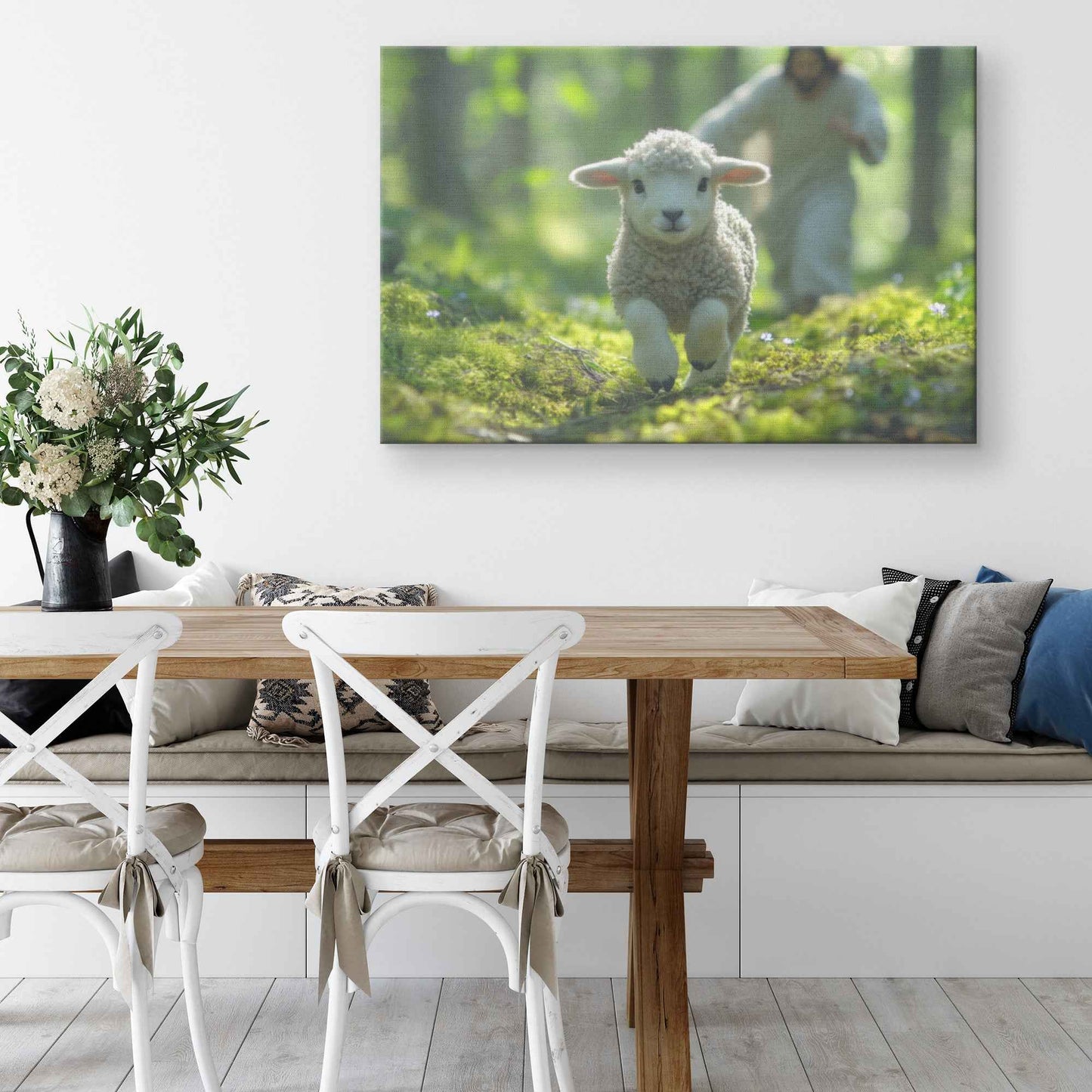 The Joyful Pursuit Jesus Running to Rescue the Wandering Lamb   Christian Canvas Wall Art Decor