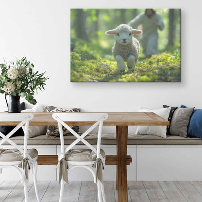 The Joyful Pursuit Jesus Running to Rescue the Wandering Lamb   Christian Canvas Wall Art Decor