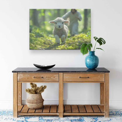 The Joyful Pursuit Jesus Running to Rescue the Wandering Lamb   Christian Canvas Wall Art Decor