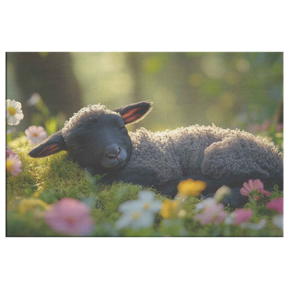 Tranquil Beauty Black Lamb Resting Among Flowers in Sunlit Meadow   Christian Canvas Wall Art Decor