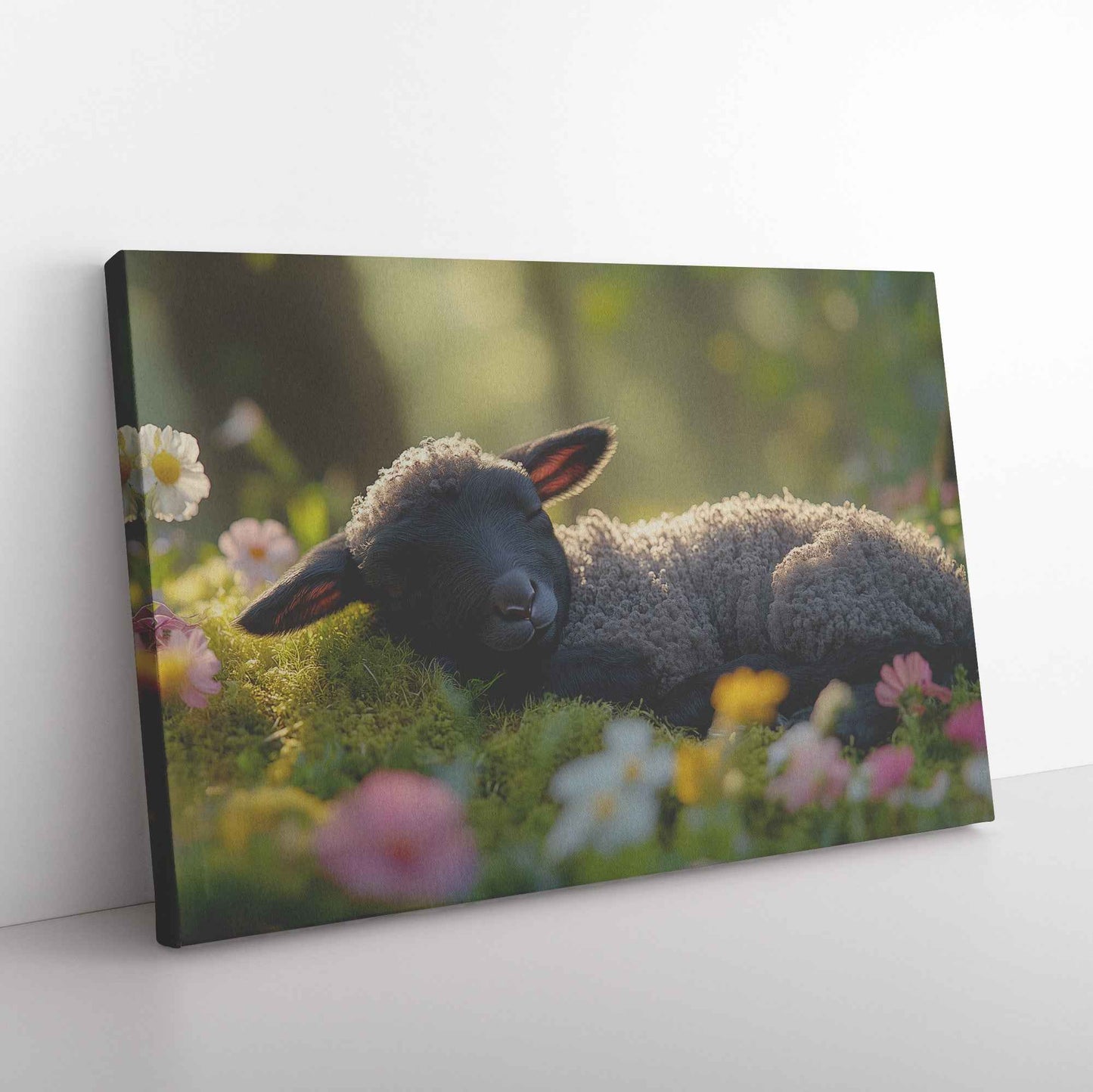 Tranquil Beauty Black Lamb Resting Among Flowers in Sunlit Meadow   Christian Canvas Wall Art Decor