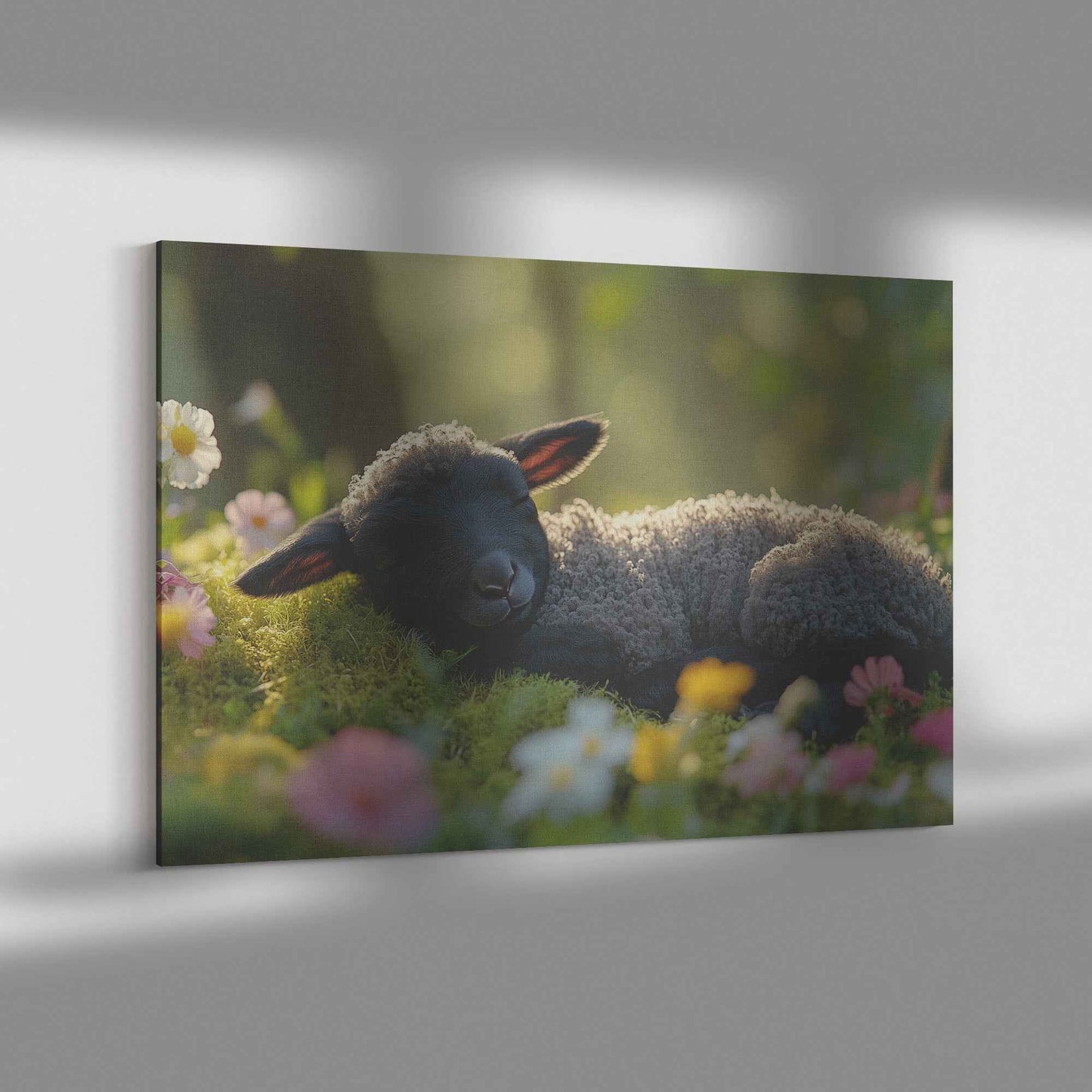 Tranquil Beauty Black Lamb Resting Among Flowers in Sunlit Meadow   Christian Canvas Wall Art Decor