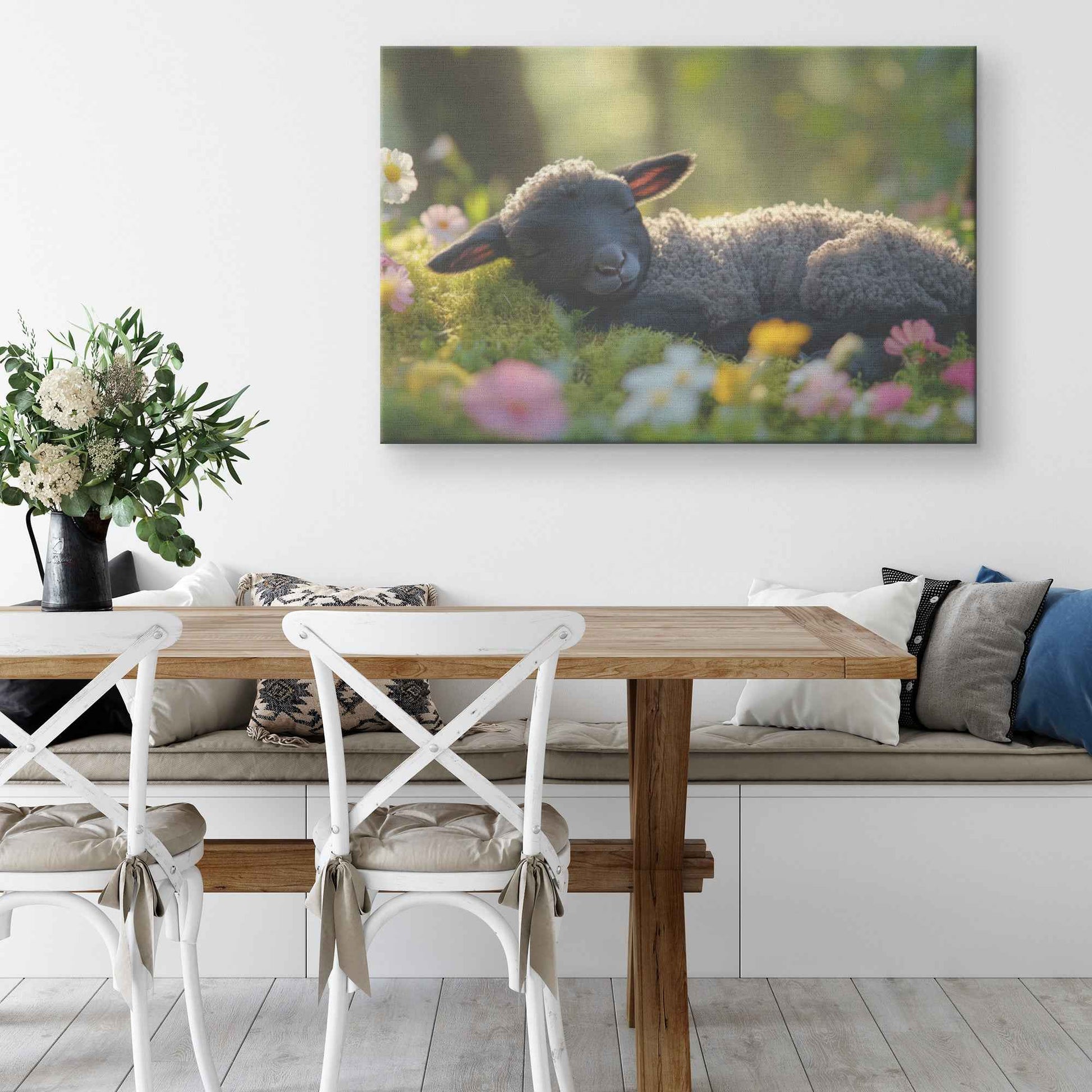 Tranquil Beauty Black Lamb Resting Among Flowers in Sunlit Meadow   Christian Canvas Wall Art Decor