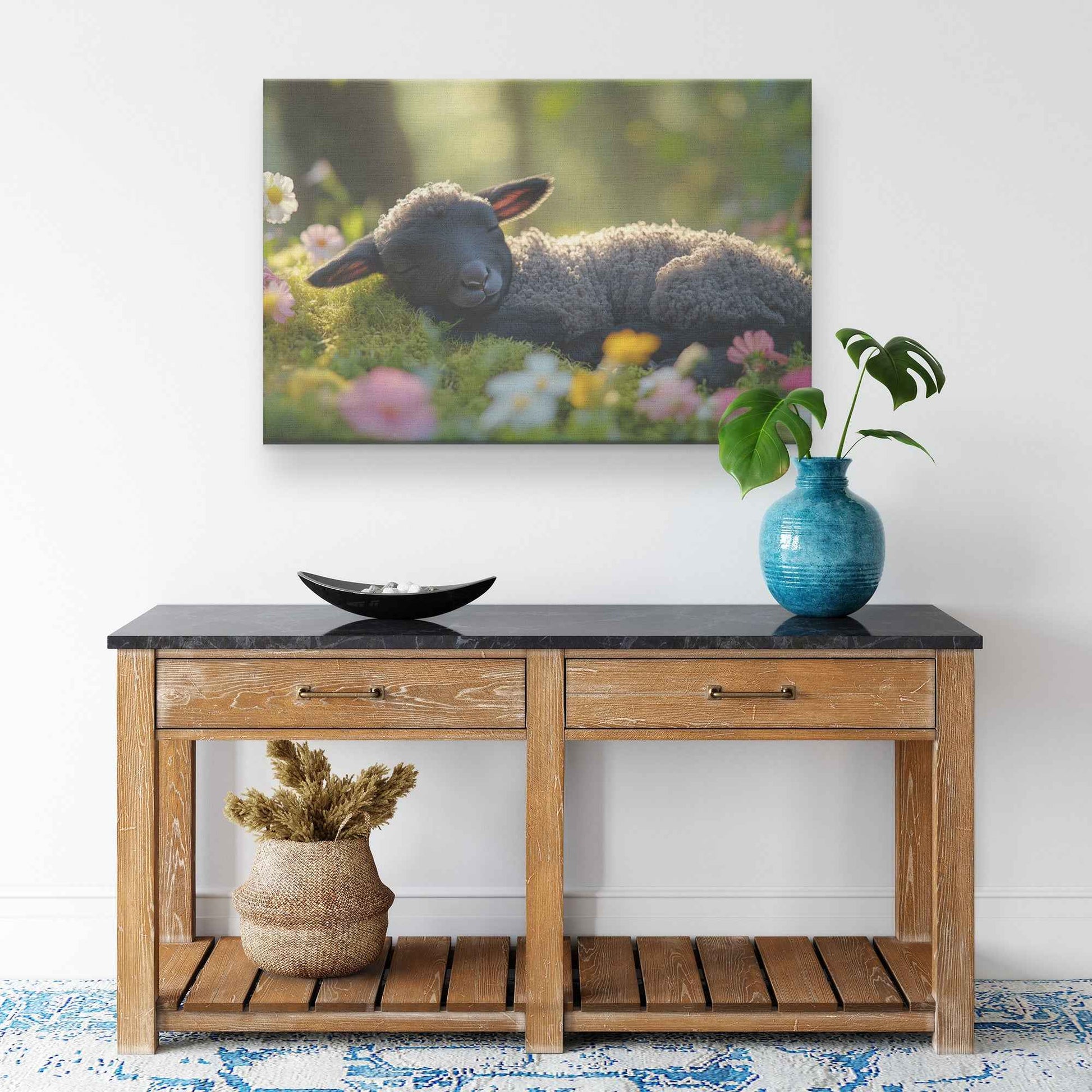 Tranquil Beauty Black Lamb Resting Among Flowers in Sunlit Meadow   Christian Canvas Wall Art Decor