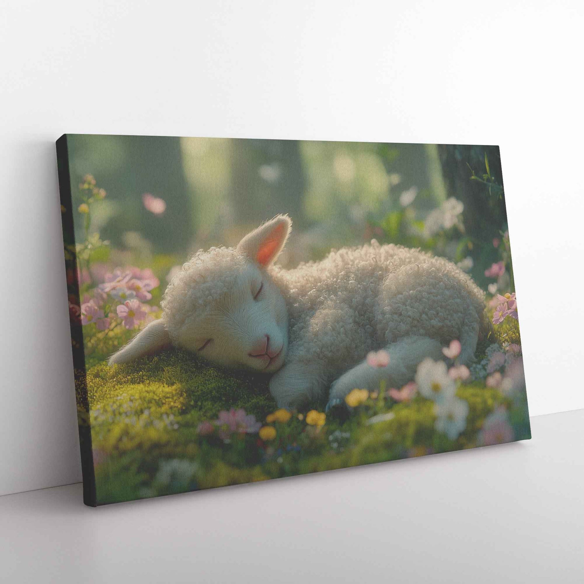 Tranquil Dreams Baby Lamb in Sunlit Meadow Canvas Wall Art Decor