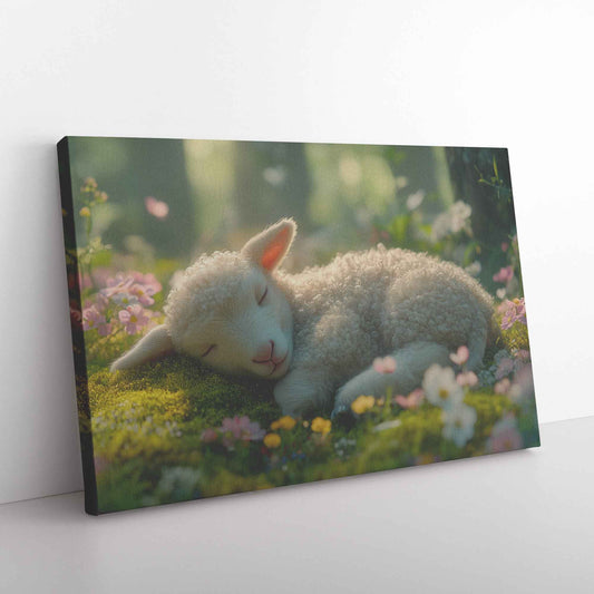 Tranquil Dreams Baby Lamb in Sunlit Meadow Canvas Wall Art Decor