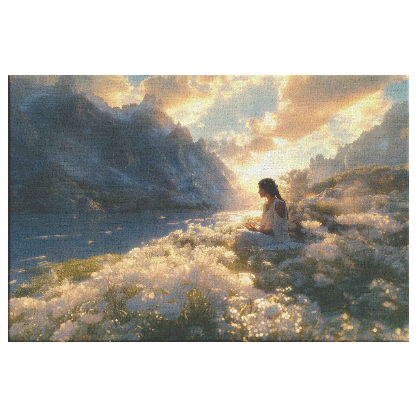 Tranquil Meditation Girl Surrounded White Flowers and Majestic Mountains at Sunset   Peaceful Christian Canvas Wall Art Decor