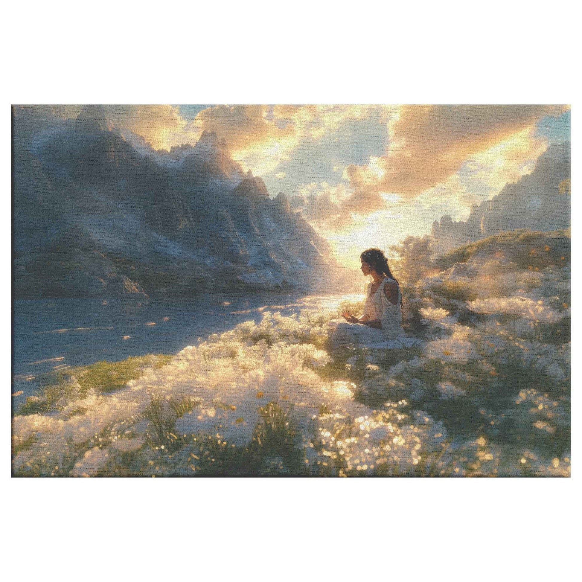 Tranquil Meditation Girl Surrounded White Flowers and Majestic Mountains at Sunset   Peaceful Christian Canvas Wall Art Decor
