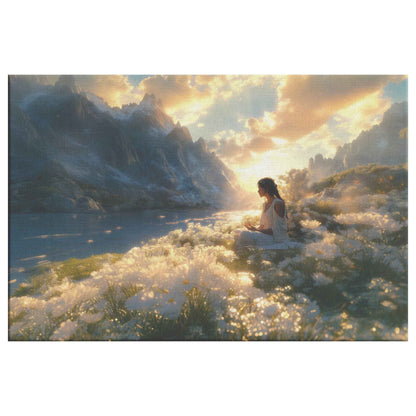 Tranquil Meditation Girl Surrounded White Flowers and Majestic Mountains at Sunset   Peaceful Christian Canvas Wall Art Decor