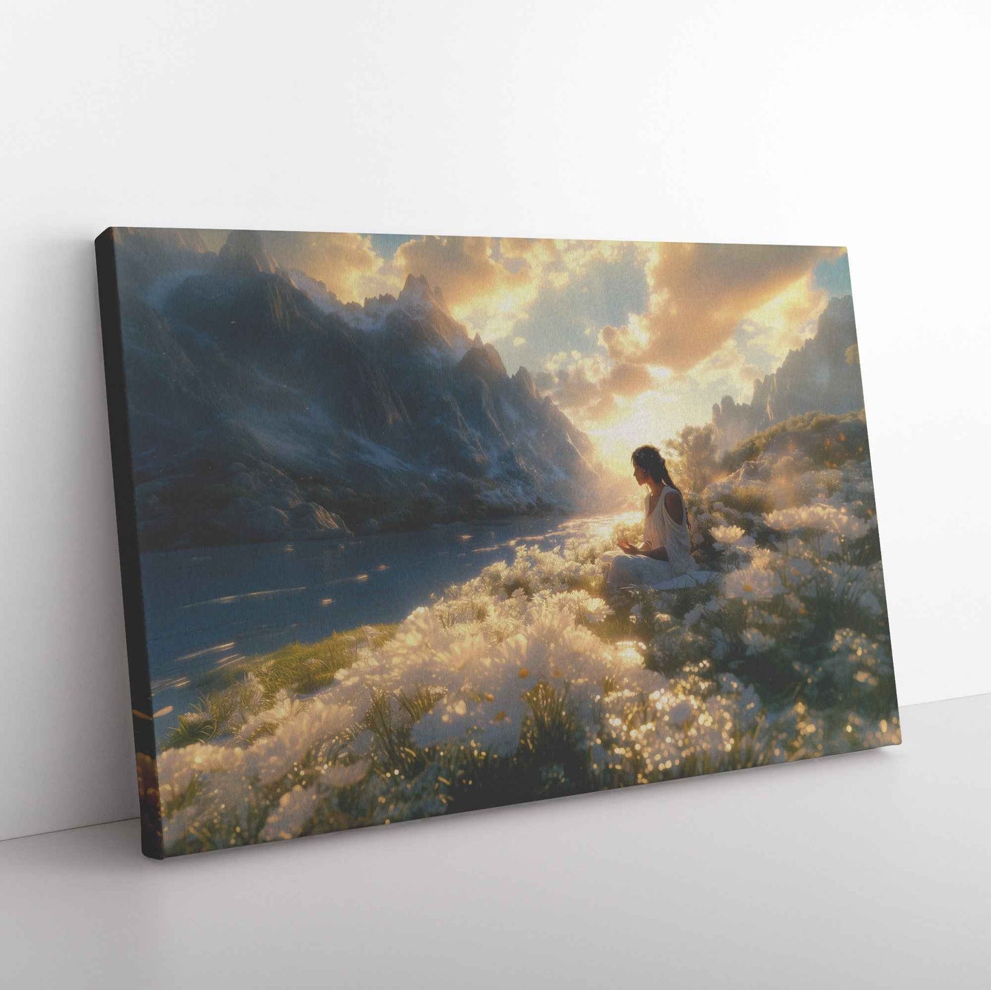 Tranquil Meditation Girl Surrounded White Flowers and Majestic Mountains at Sunset   Peaceful Christian Canvas Wall Art Decor