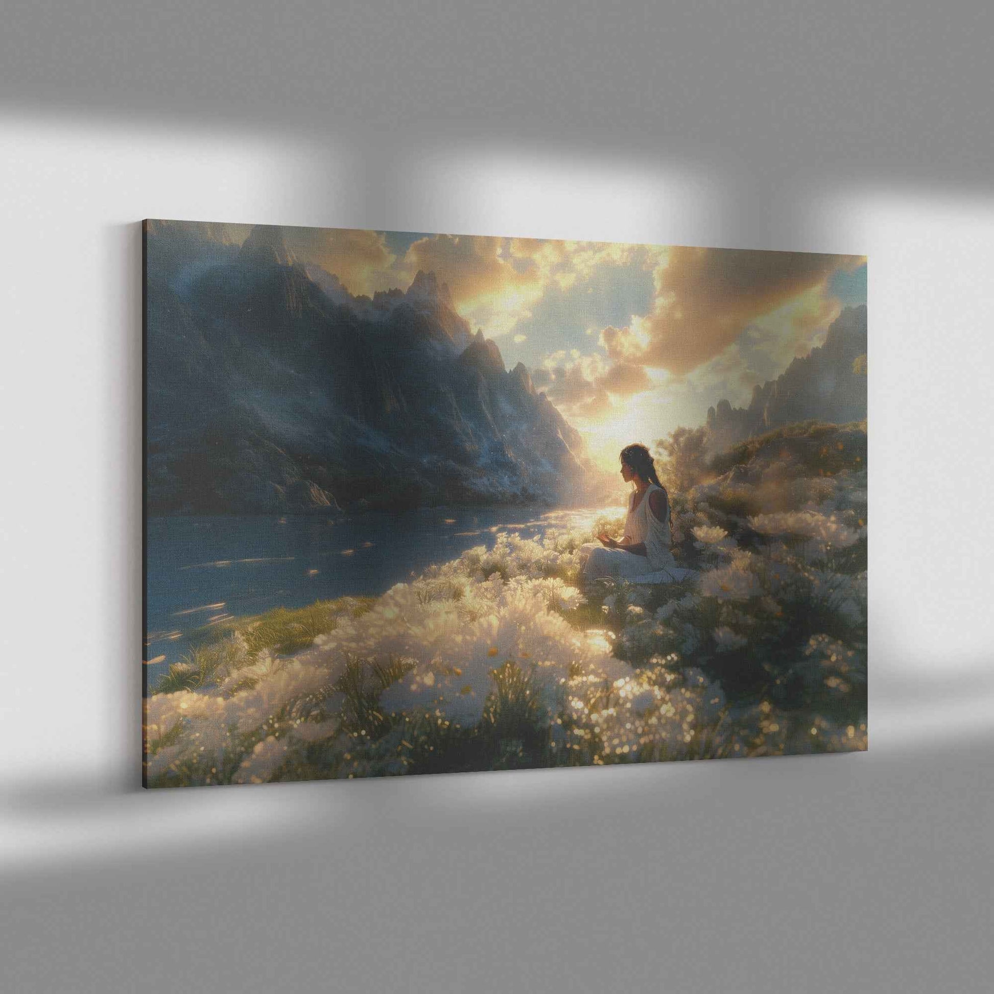 Tranquil Meditation Girl Surrounded White Flowers and Majestic Mountains at Sunset   Peaceful Christian Canvas Wall Art Decor