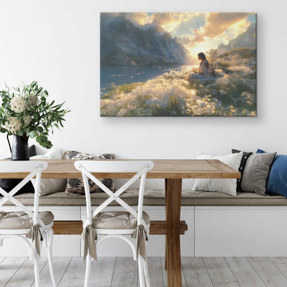 Tranquil Meditation Girl Surrounded White Flowers and Majestic Mountains at Sunset   Peaceful Christian Canvas Wall Art Decor