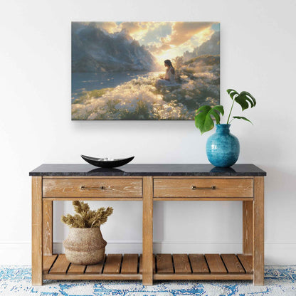 Tranquil Meditation Girl Surrounded White Flowers and Majestic Mountains at Sunset   Peaceful Christian Canvas Wall Art Decor