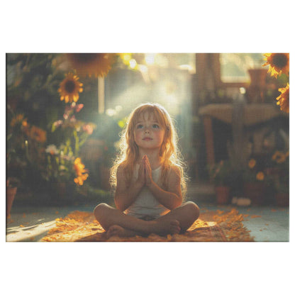 Tranquil Meditation of a Young Girl in a Sunlit Garden Surrounded Blooming Sunflowers   Christian Canvas Wall Art Decor
