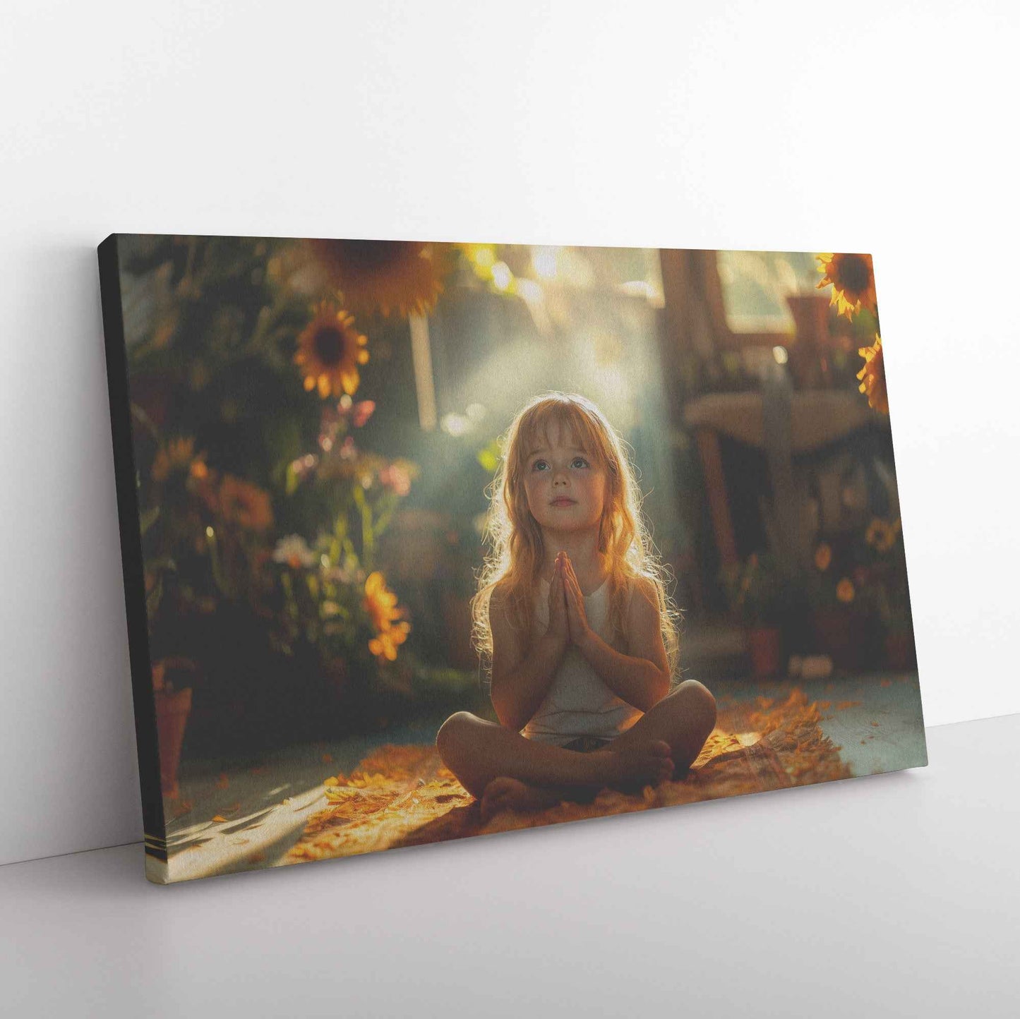 Tranquil Meditation of a Young Girl in a Sunlit Garden Surrounded Blooming Sunflowers   Christian Canvas Wall Art Decor