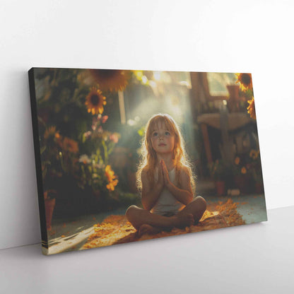 Tranquil Meditation of a Young Girl in a Sunlit Garden Surrounded Blooming Sunflowers   Christian Canvas Wall Art Decor