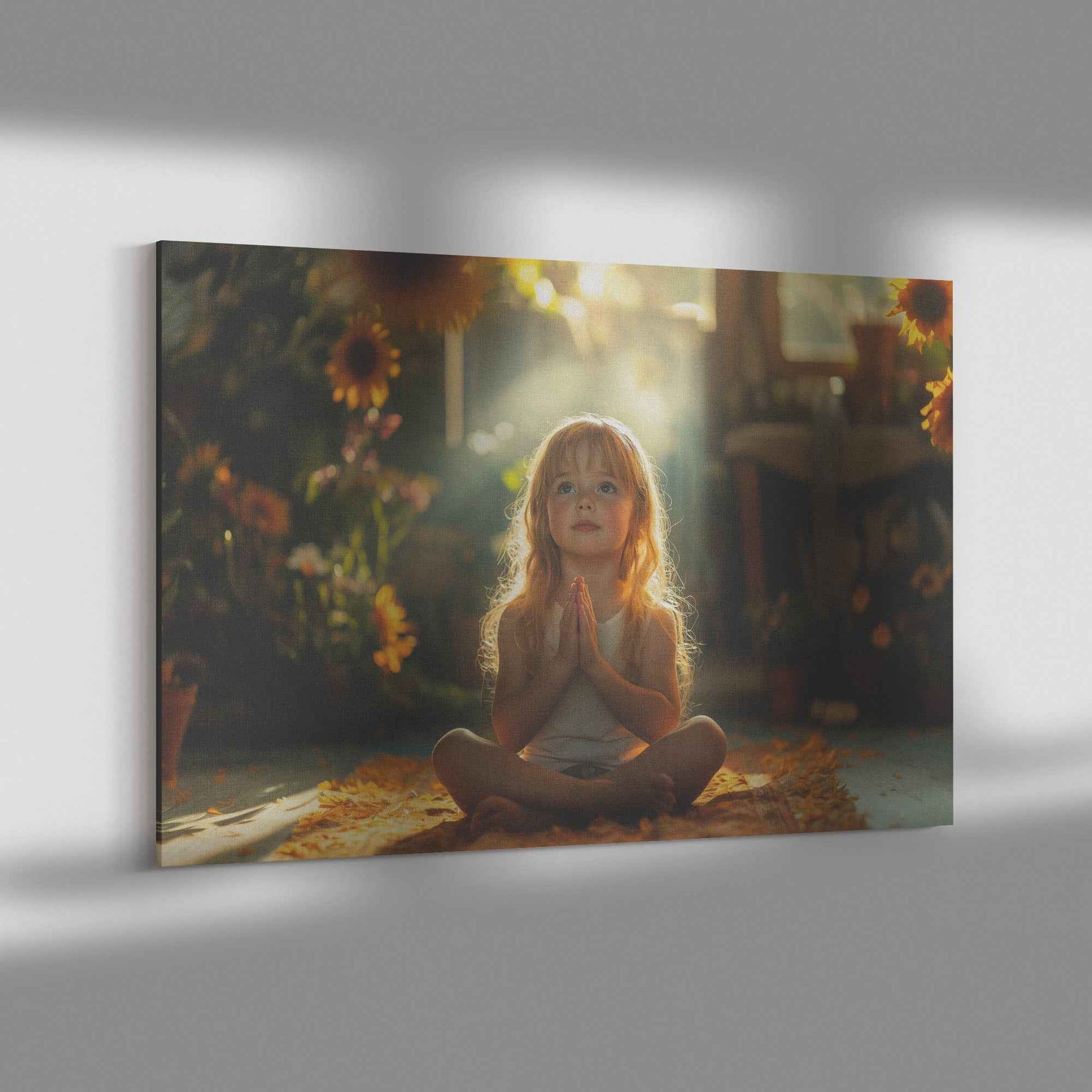 Tranquil Meditation of a Young Girl in a Sunlit Garden Surrounded Blooming Sunflowers   Christian Canvas Wall Art Decor