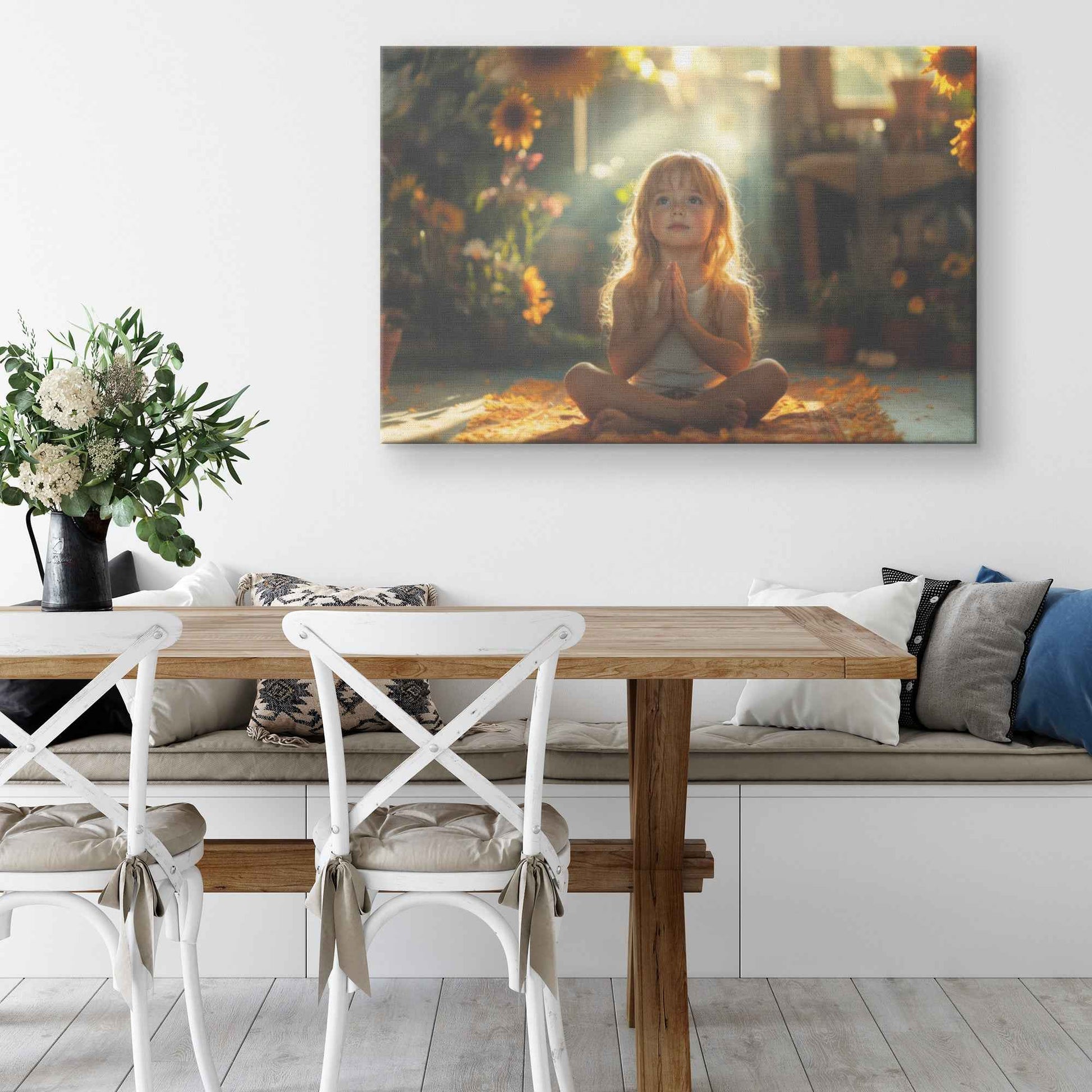 Tranquil Meditation of a Young Girl in a Sunlit Garden Surrounded Blooming Sunflowers   Christian Canvas Wall Art Decor