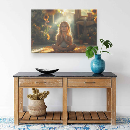 Tranquil Meditation of a Young Girl in a Sunlit Garden Surrounded Blooming Sunflowers   Christian Canvas Wall Art Decor