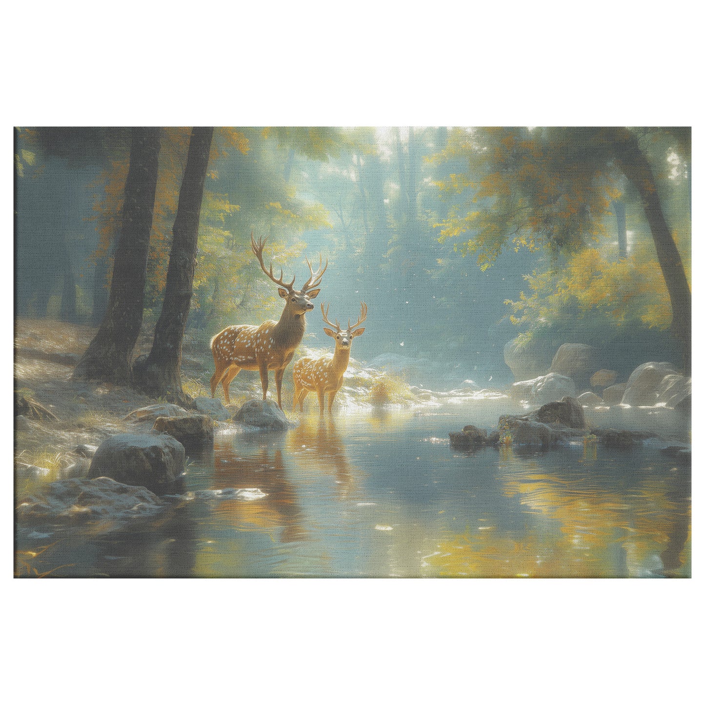Tranquil Pair of Deer Crystal-Clear Stream in Enchanted Forest –  Christian Canvas Wall Art Decor - Awakening Righteousness
