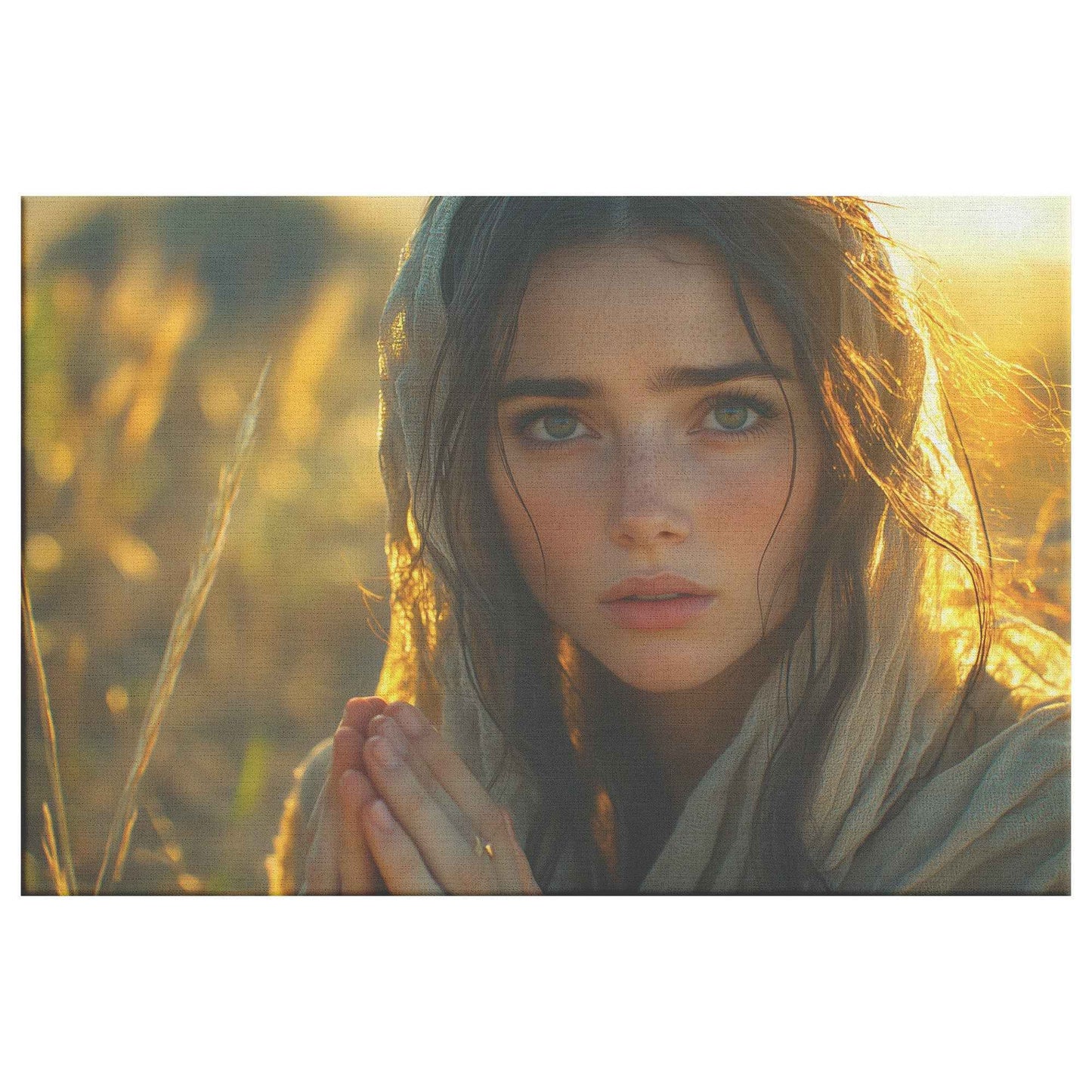 Tranquil Reflection Young Woman in Prayer Beneath Golden Sunlight   Uplifting Christian Canvas Wall Art Decor