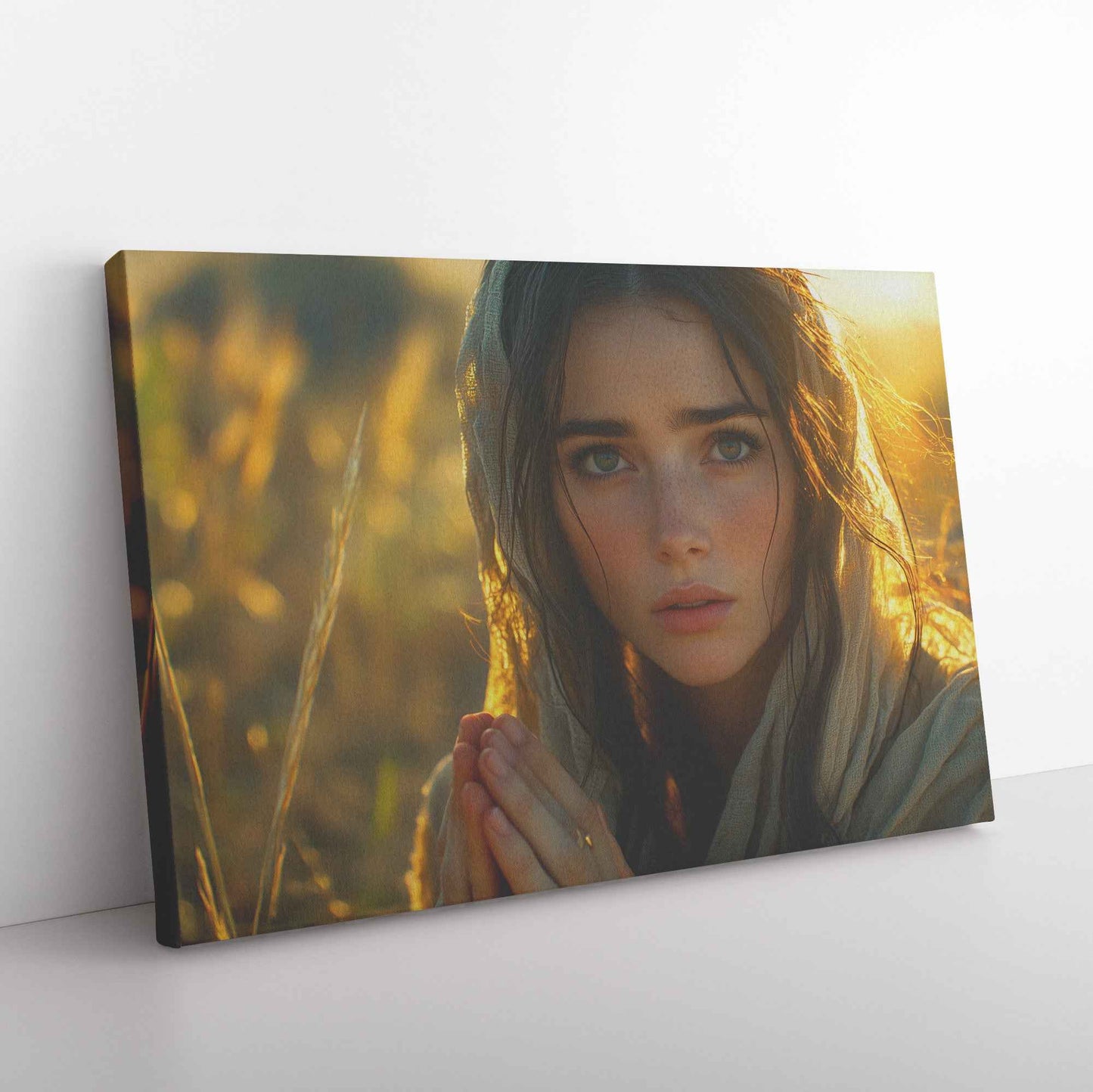 Tranquil Reflection Young Woman in Prayer Beneath Golden Sunlight   Uplifting Christian Canvas Wall Art Decor