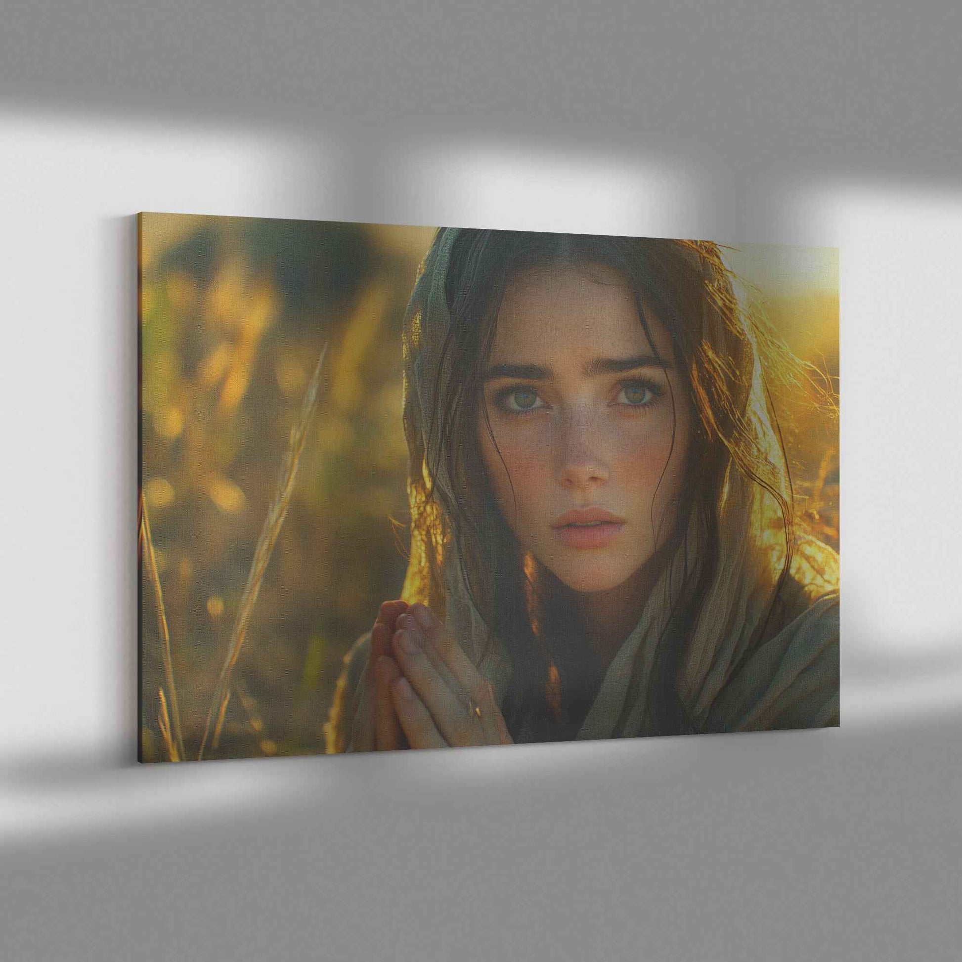 Tranquil Reflection Young Woman in Prayer Beneath Golden Sunlight   Uplifting Christian Canvas Wall Art Decor
