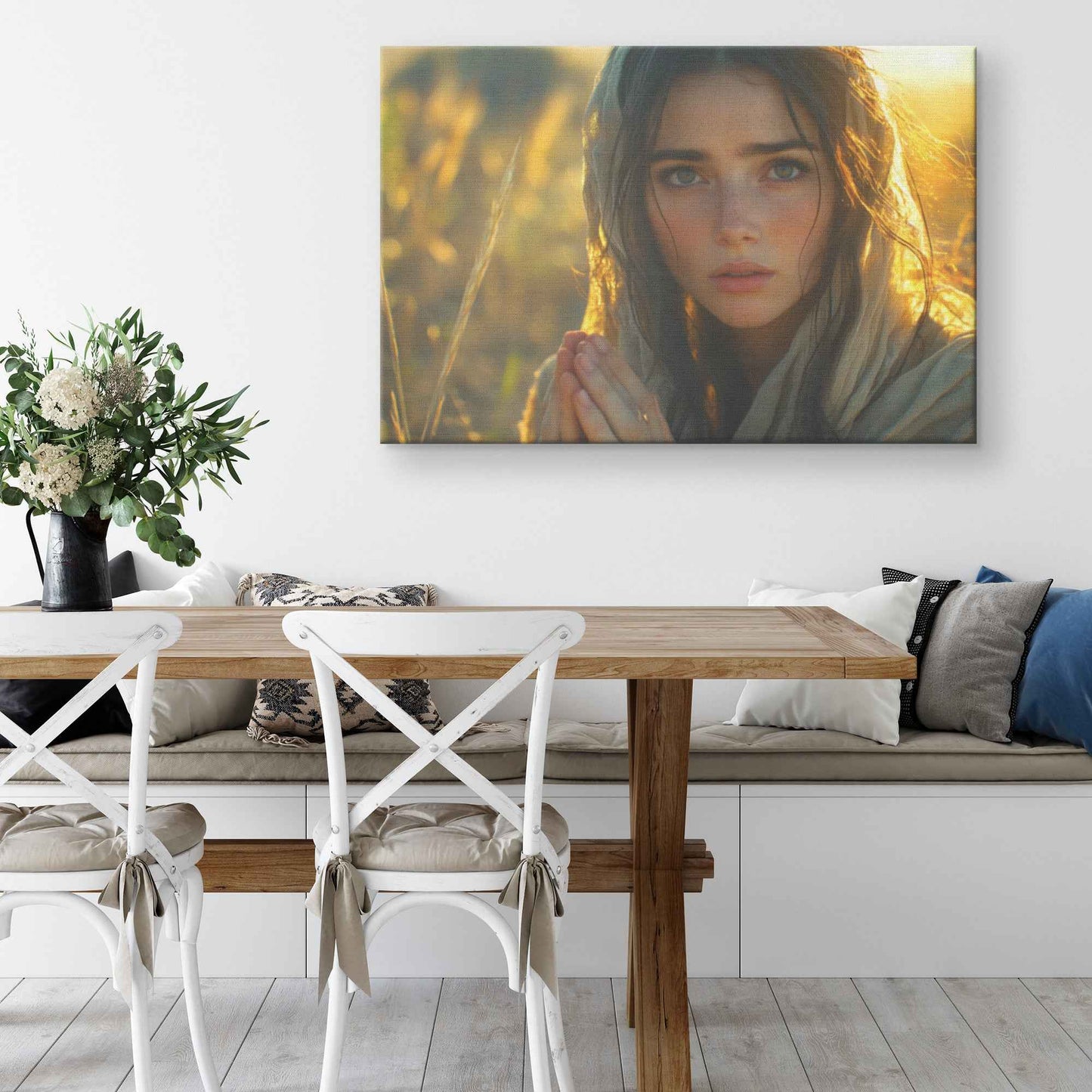 Tranquil Reflection Young Woman in Prayer Beneath Golden Sunlight   Uplifting Christian Canvas Wall Art Decor