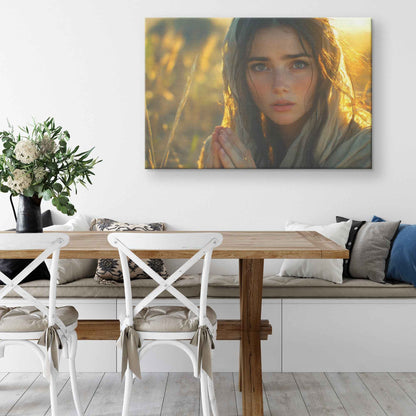 Tranquil Reflection Young Woman in Prayer Beneath Golden Sunlight   Uplifting Christian Canvas Wall Art Decor