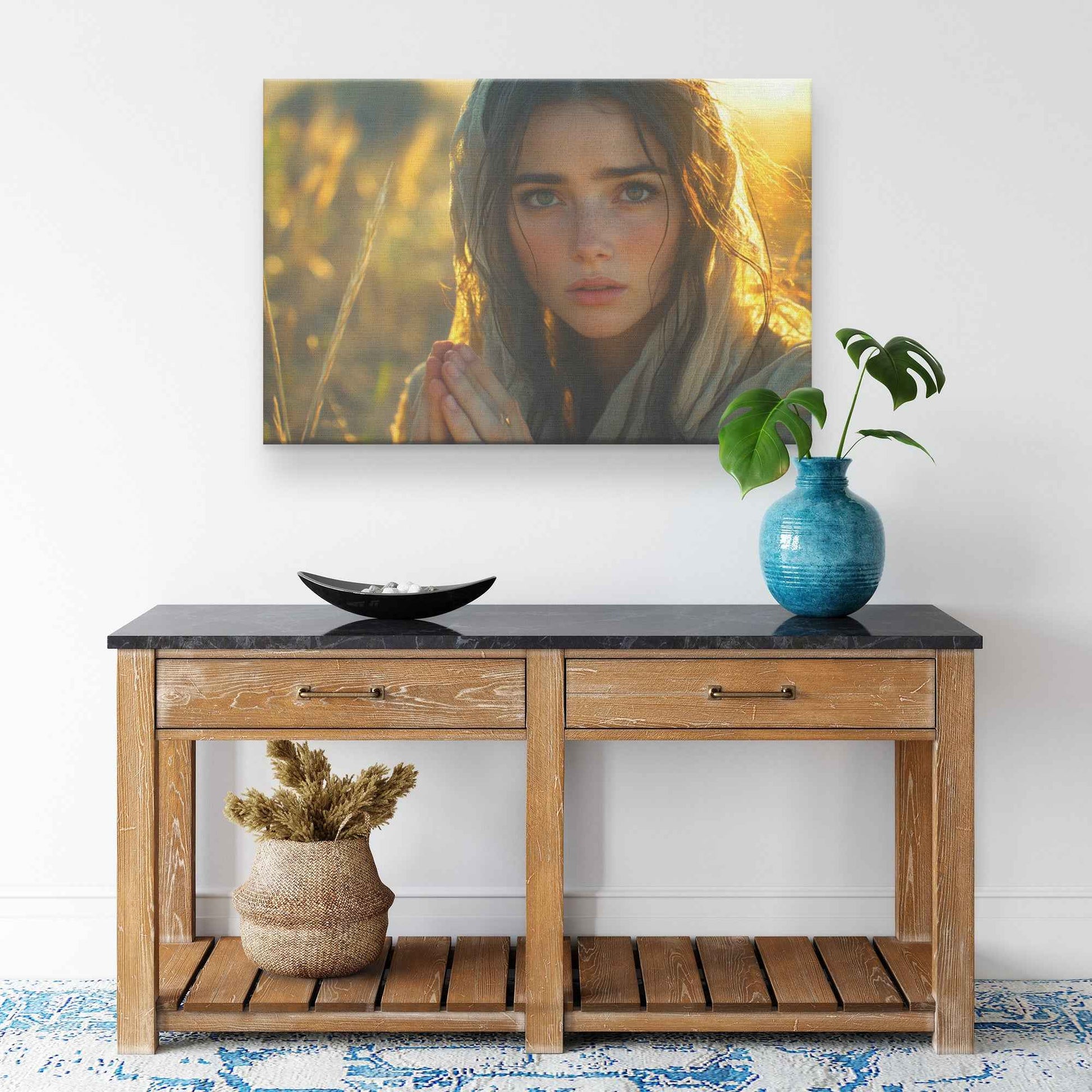 Tranquil Reflection Young Woman in Prayer Beneath Golden Sunlight   Uplifting Christian Canvas Wall Art Decor