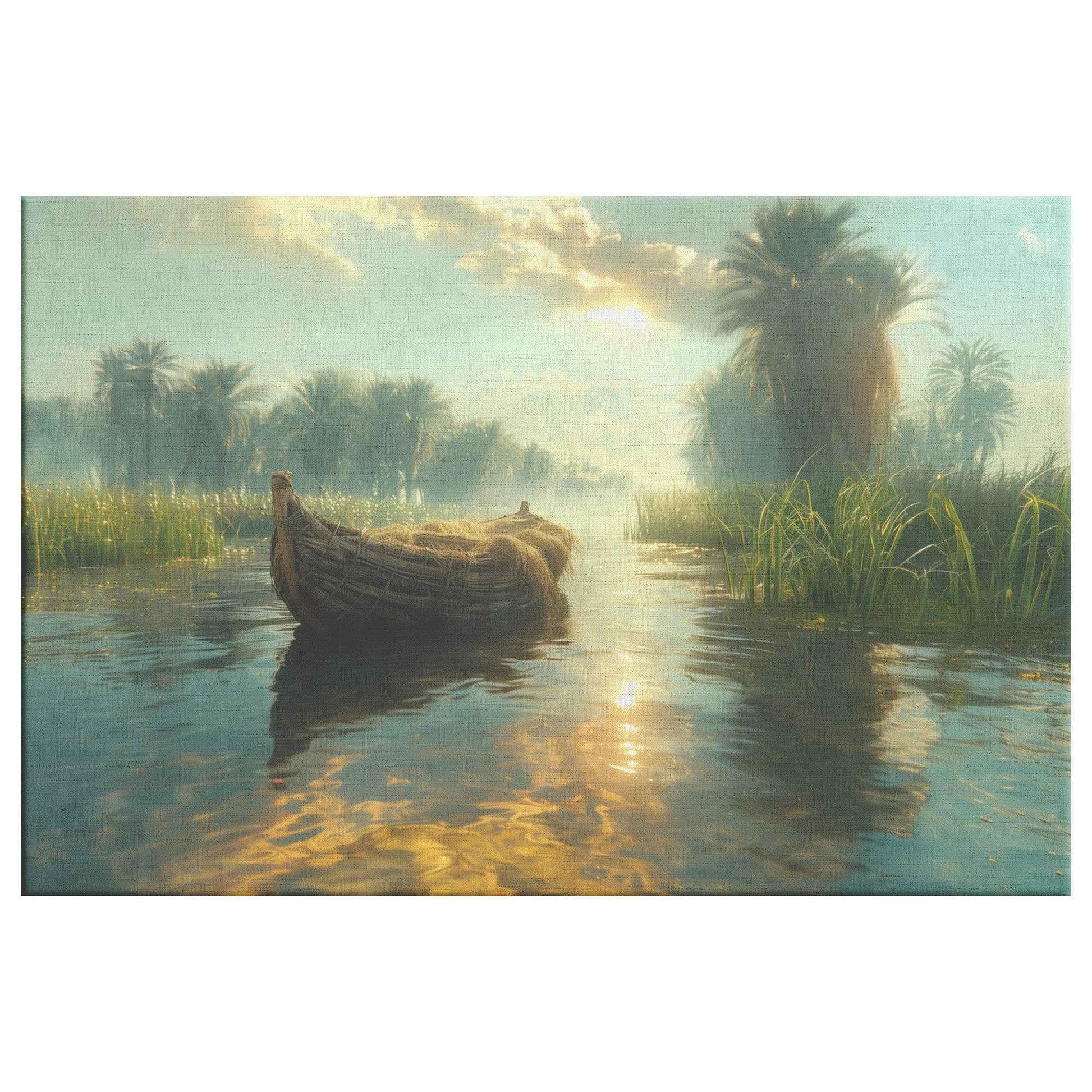 Tranquil River Scene with a Small Boat Gliding Through Lush Greenery and Palm Trees Reflecting Calm Waters Under Bright Sunlight   Serene Natural Scenery Canvas Wall Art Decor