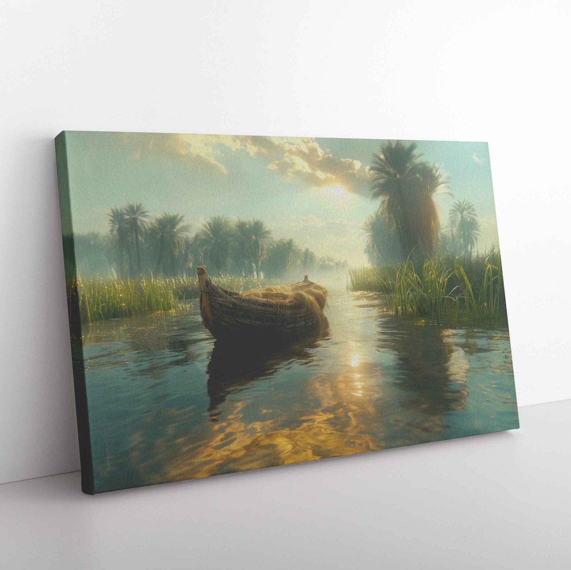 Tranquil River Scene with a Small Boat Gliding Through Lush Greenery and Palm Trees Reflecting Calm Waters Under Bright Sunlight   Serene Natural Scenery Canvas Wall Art Decor