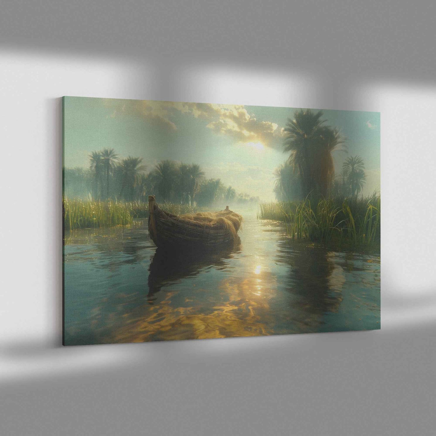 Tranquil River Scene with a Small Boat Gliding Through Lush Greenery and Palm Trees Reflecting Calm Waters Under Bright Sunlight   Serene Natural Scenery Canvas Wall Art Decor