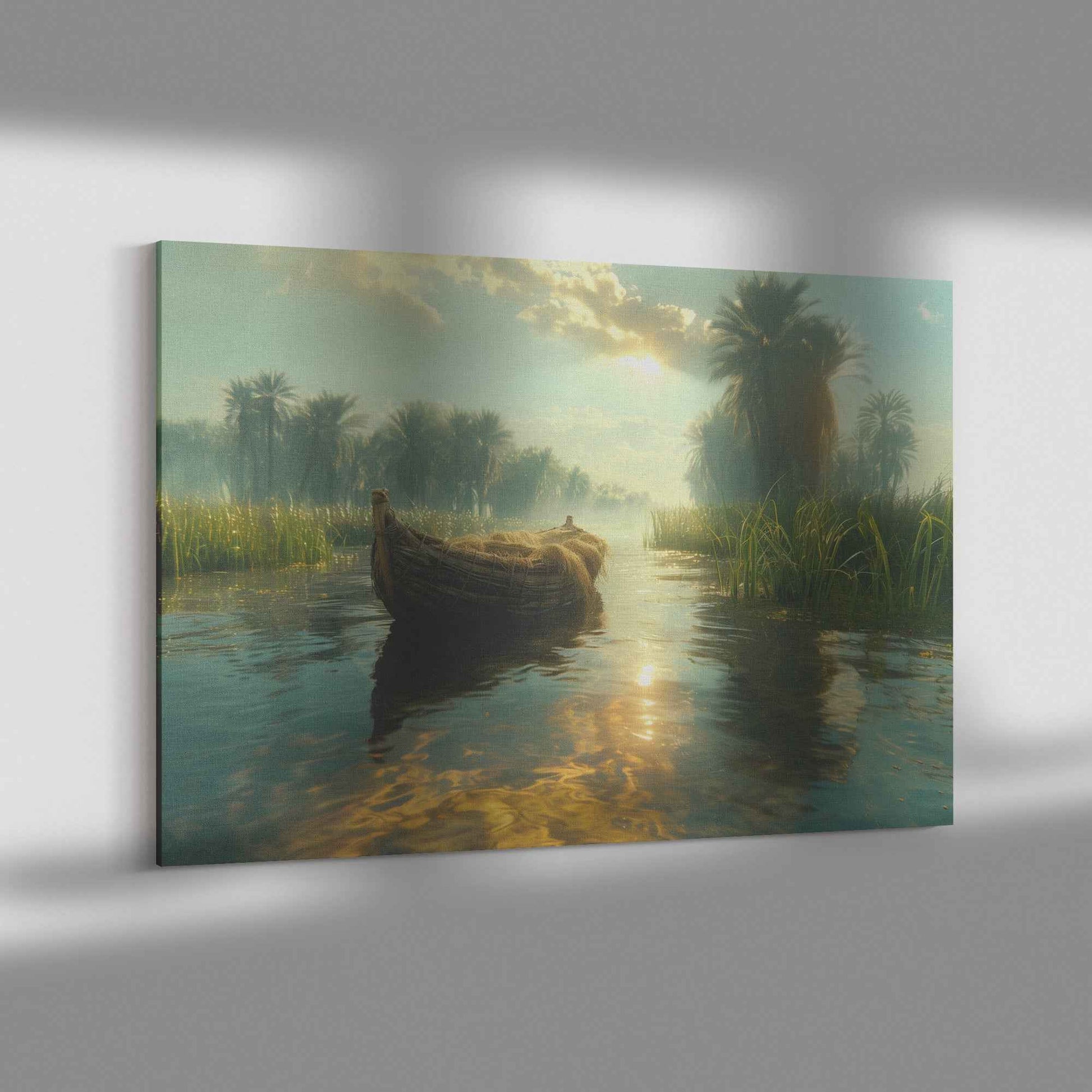 Tranquil River Scene with a Small Boat Gliding Through Lush Greenery and Palm Trees Reflecting Calm Waters Under Bright Sunlight   Serene Natural Scenery Canvas Wall Art Decor