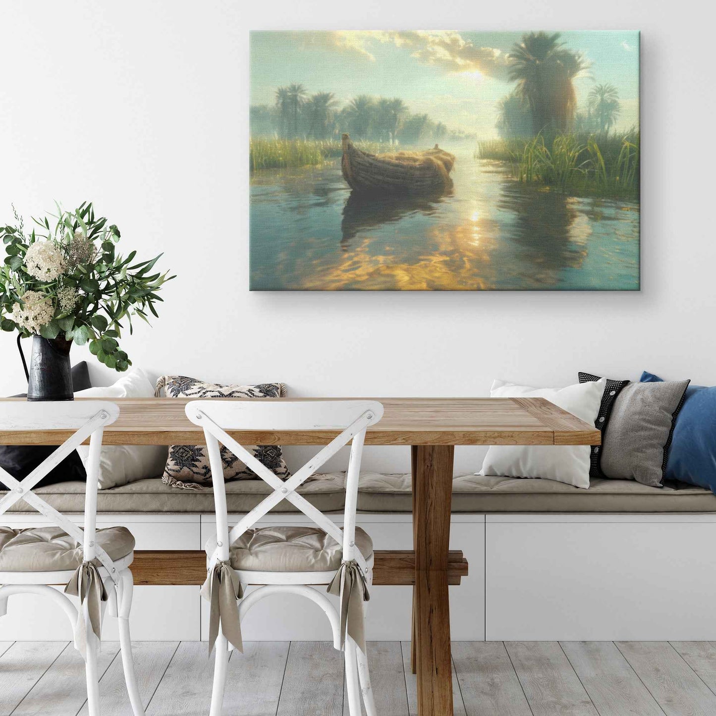Tranquil River Scene with a Small Boat Gliding Through Lush Greenery and Palm Trees Reflecting Calm Waters Under Bright Sunlight   Serene Natural Scenery Canvas Wall Art Decor
