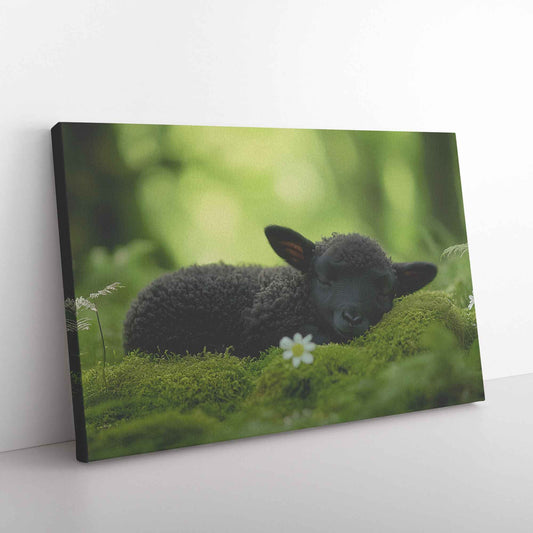 Tranquil Slumber Black Lamb Resting in Natures Embrace Christian Canvas Wall Art Decor