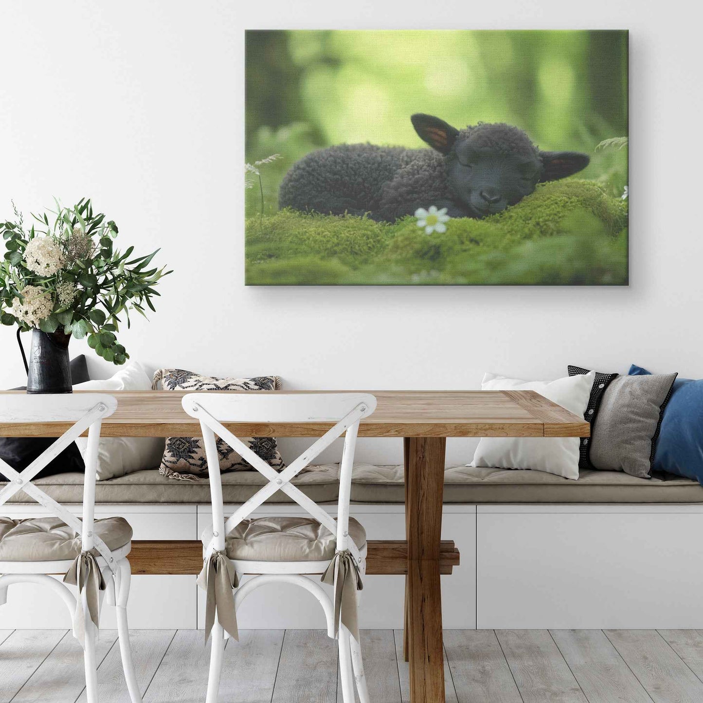Tranquil Slumber Black Lamb Resting in Natures Embrace Christian Canvas Wall Art Decor