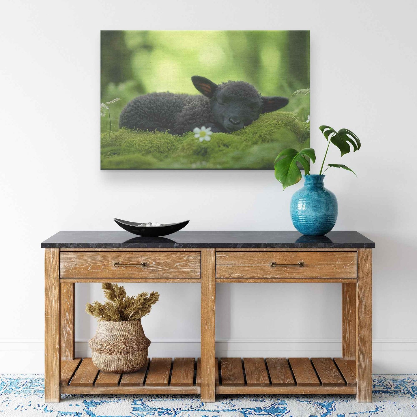 Tranquil Slumber Black Lamb Resting in Natures Embrace Christian Canvas Wall Art Decor