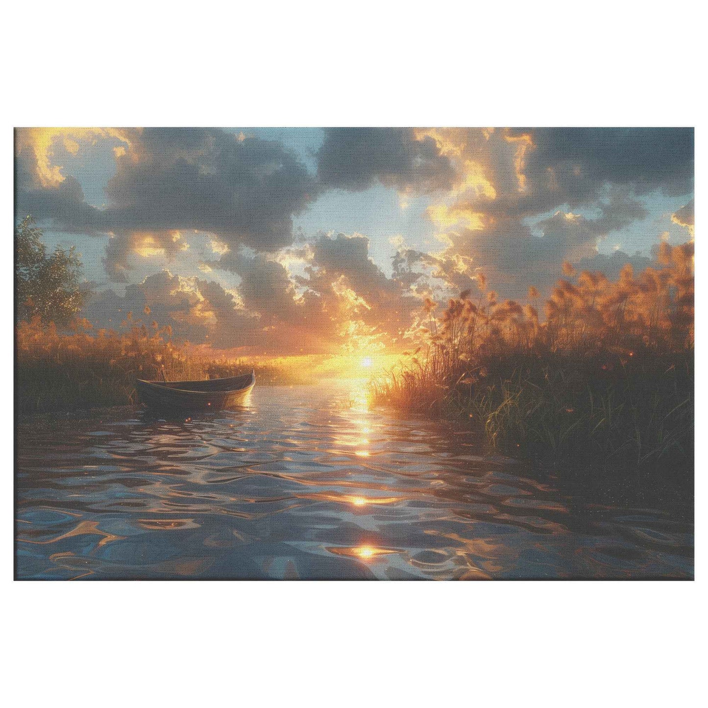 Tranquil Sunset Over a Calm Lake with a Small Boat and Reeds, Capturing Hyper-Realistic Reflections and Serene Atmosphere  Stunning Natural Scenery Canvas Wall Art