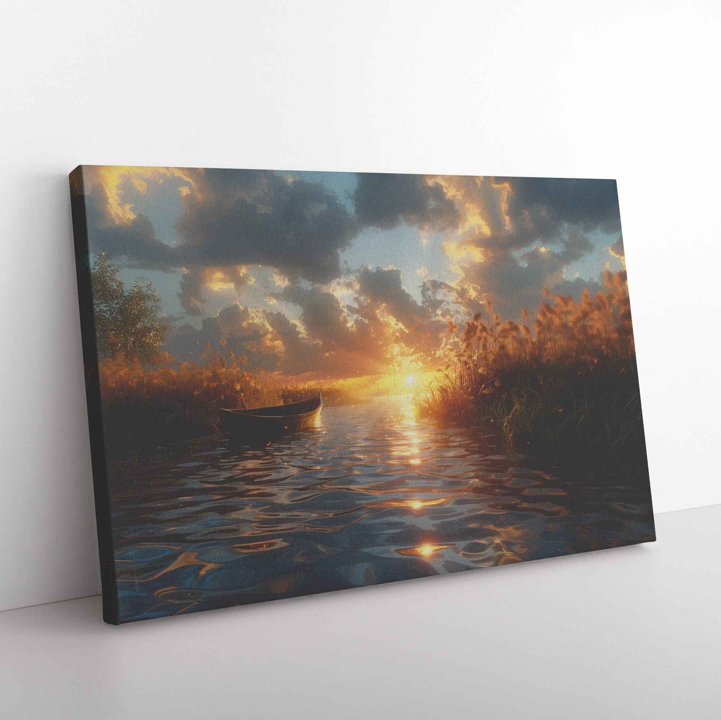 Tranquil Sunset Over a Calm Lake with a Small Boat and Reeds, Capturing Hyper-Realistic Reflections and Serene Atmosphere  Stunning Natural Scenery Canvas Wall Art