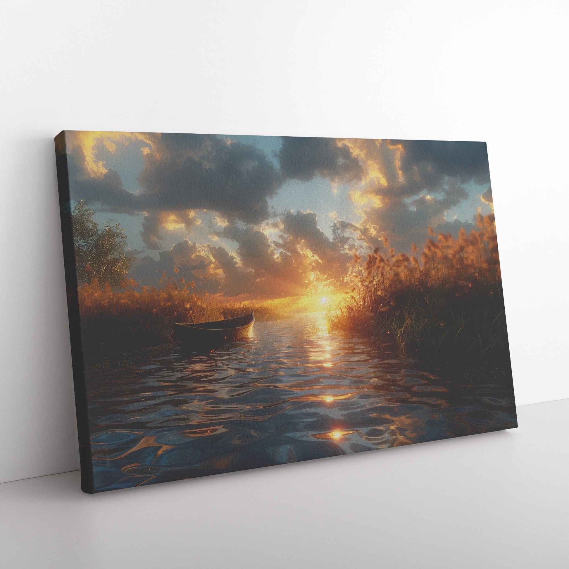 Tranquil Sunset Over a Calm Lake with a Small Boat and Reeds, Capturing Hyper-Realistic Reflections and Serene Atmosphere  Stunning Natural Scenery Canvas Wall Art