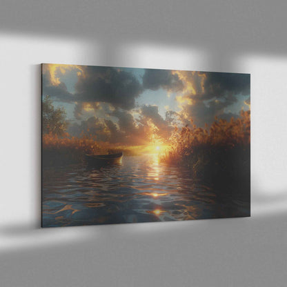 Tranquil Sunset Over a Calm Lake with a Small Boat and Reeds, Capturing Hyper-Realistic Reflections and Serene Atmosphere  Stunning Natural Scenery Canvas Wall Art