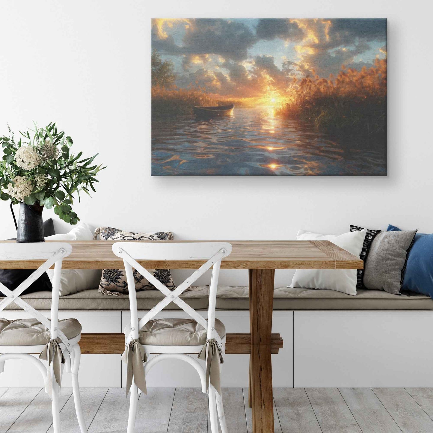 Tranquil Sunset Over a Calm Lake with a Small Boat and Reeds, Capturing Hyper-Realistic Reflections and Serene Atmosphere  Stunning Natural Scenery Canvas Wall Art