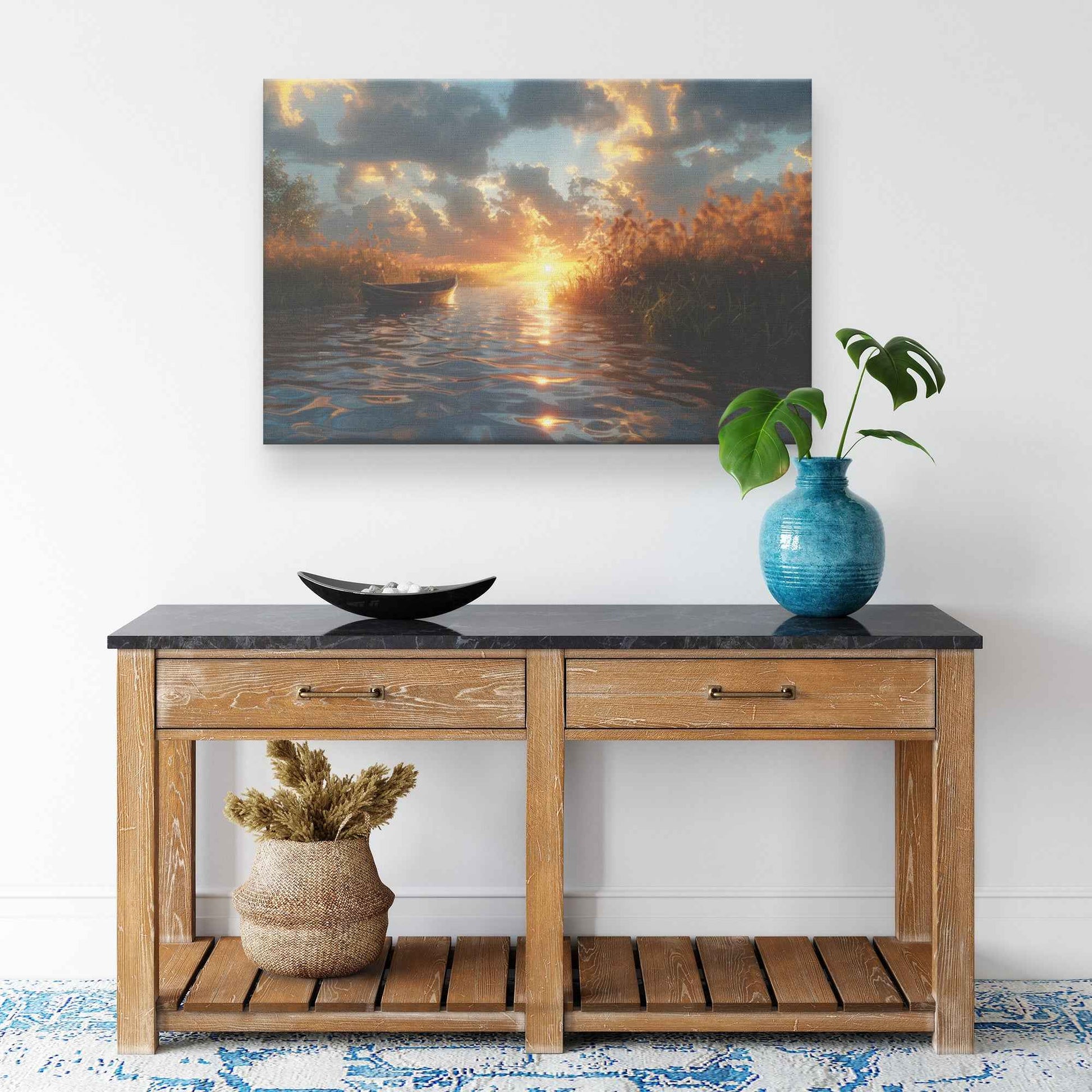 Tranquil Sunset Over a Calm Lake with a Small Boat and Reeds, Capturing Hyper-Realistic Reflections and Serene Atmosphere  Stunning Natural Scenery Canvas Wall Art