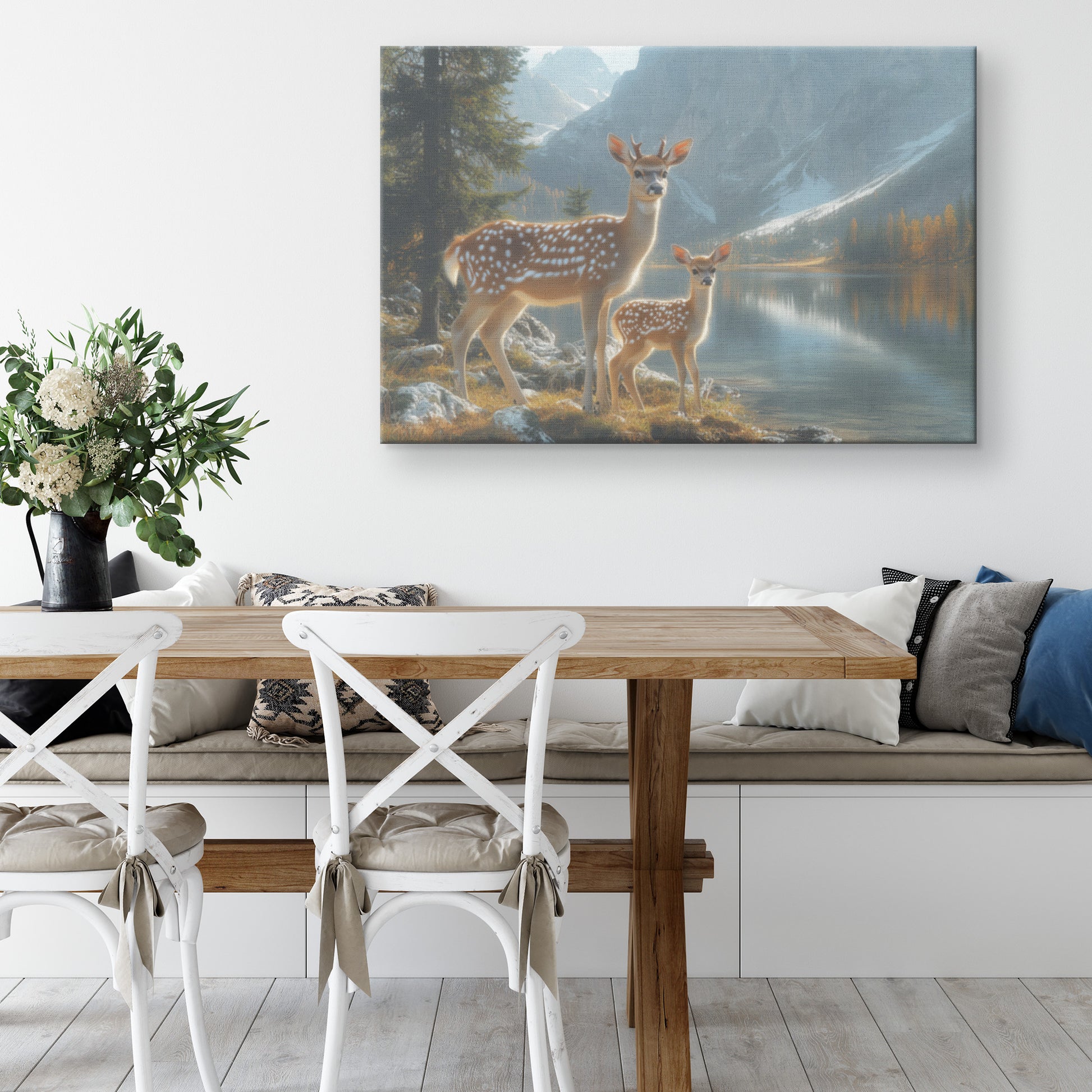 Two Deer Lake with Mountains and Trees  Fawn and Mother Wildlife Art for Home Living Room or Office  Canvas Wall Art Decor - Awakening Righteousness