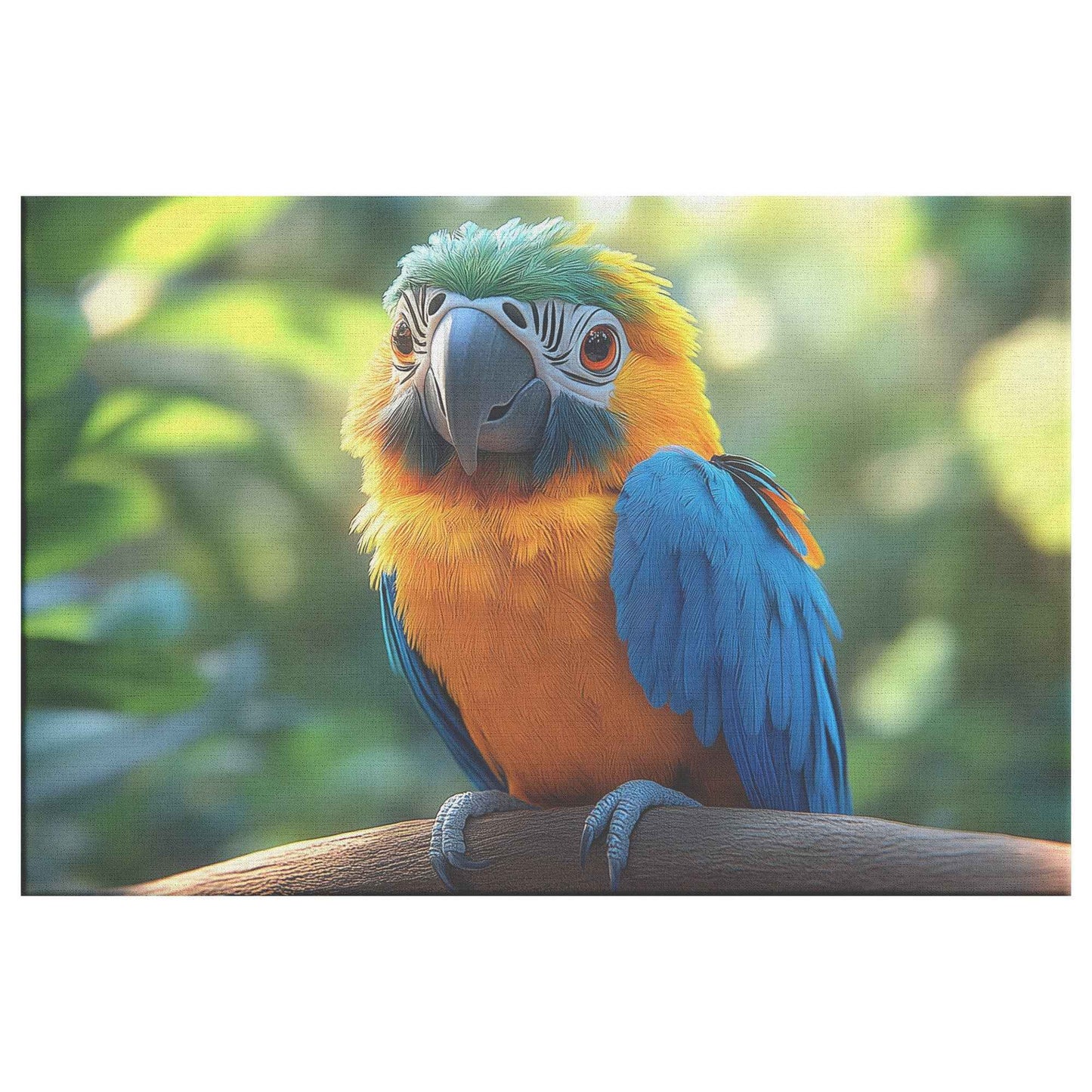 Vibrant Blue and Yellow Macaw Parrot in a Lush Green Paradise   Christian Canvas Wall Art Decor