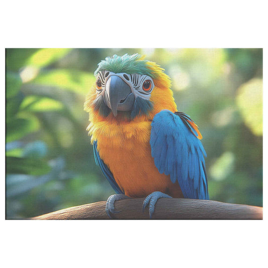 Vibrant Blue and Yellow Macaw Parrot in a Lush Green Paradise   Christian Canvas Wall Art Decor