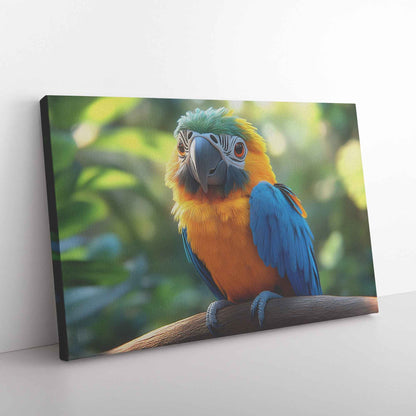 Vibrant Blue and Yellow Macaw Parrot in a Lush Green Paradise   Christian Canvas Wall Art Decor